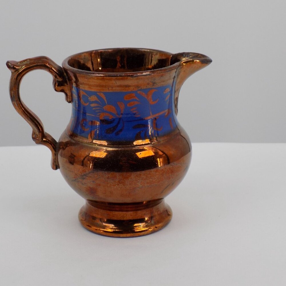 Antique Staffordshire Copper Lustreware Creamer Handpainted Blue Band 4.37" tall - Picture 3 of 7